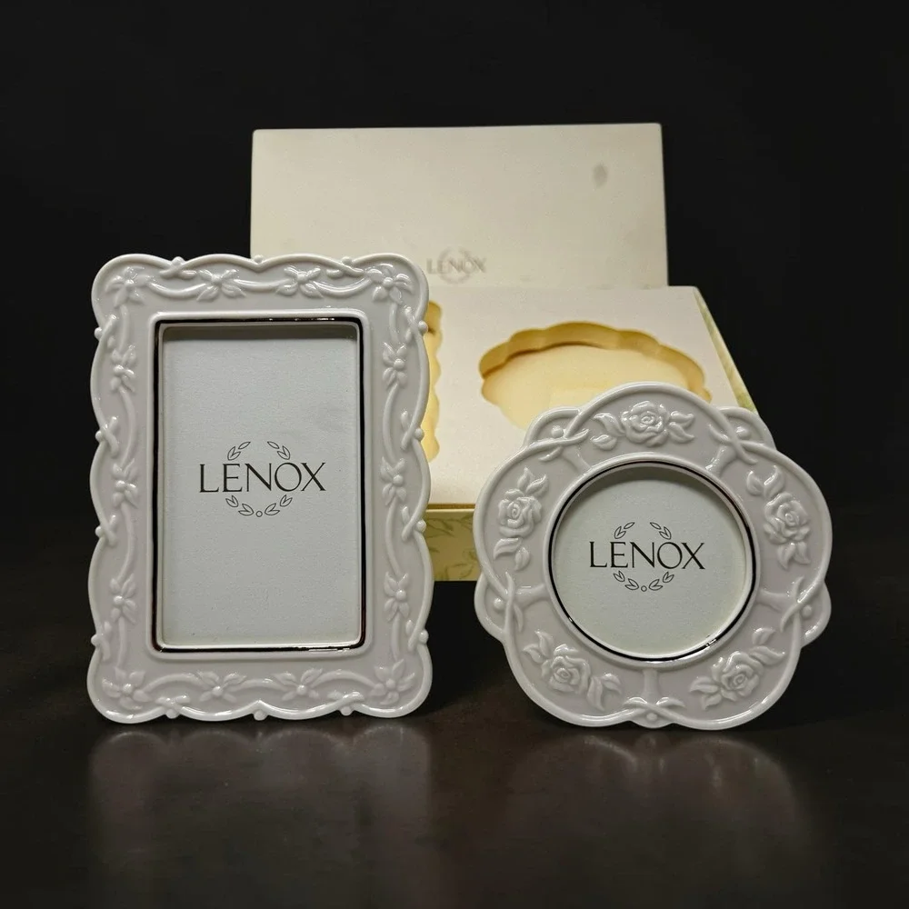 Lenox Cottagecore Picture Frame Set NIB White Porcelain Floral Rose 4x6 & Round